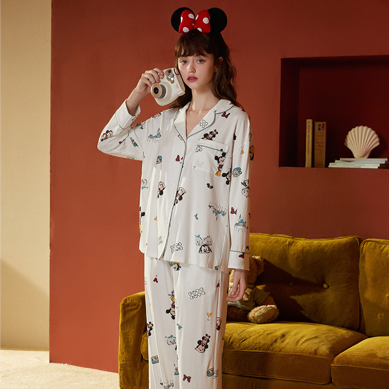 Youthful Spring and Autumn Pure Cotton Pajamas for Women, Mickey Collaboration Style, Cute Turn-Down Collar Cardigan, Long-Sleeve Long-Pants Loungewear Set