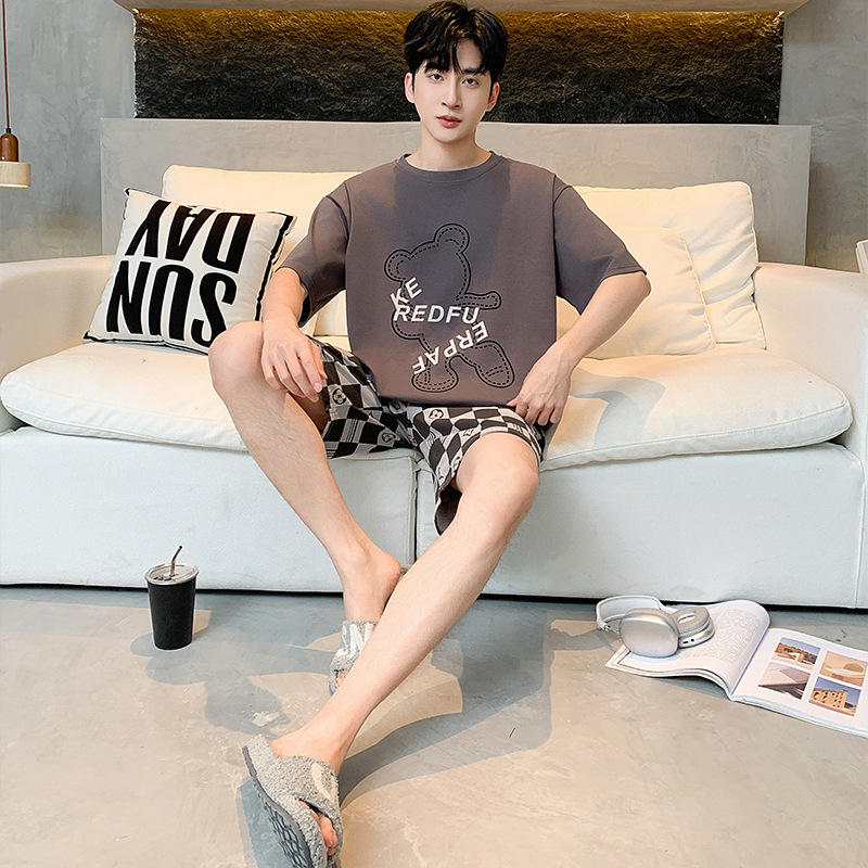 Pajamas Men's Summer Pure Cotton Short-Sleeved Cartoon Thin Boys Men's Plus Size Plus Size Teenagers New Home Clothes