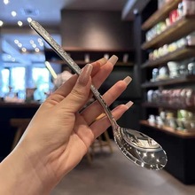 不锈钢勺子锤纹韩式勺西餐餐厅长柄勺甜品餐勺家用圆头吃饭勺汤匙