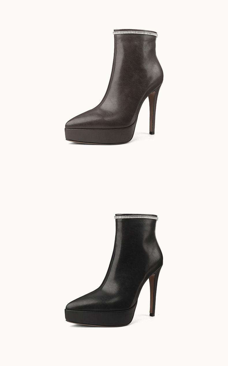 Boot nữ mũi nhọn gót nhọn 12 cm cổ thấp phong cách sàn diễn — đen, màu nâu nhạt chi tiết 10