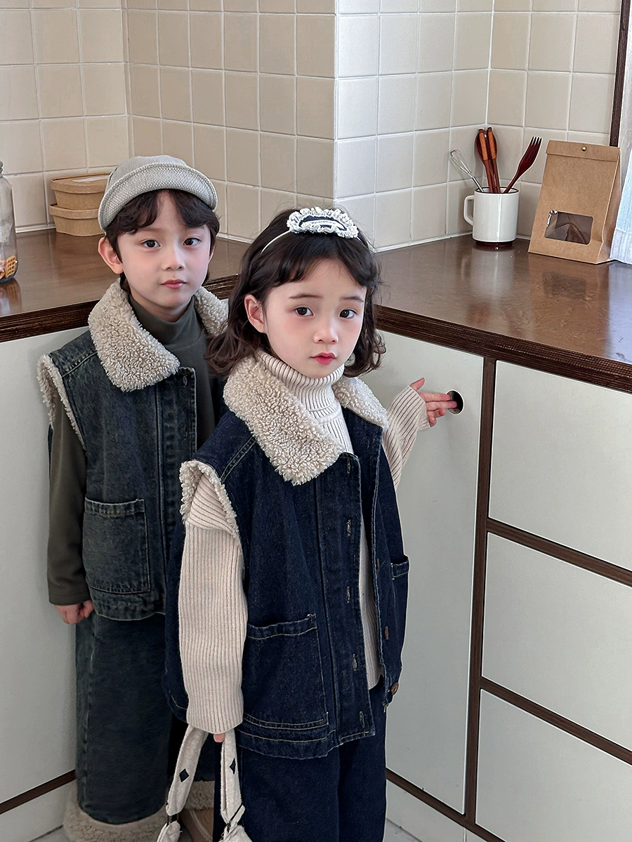 Winter denim vest for boys, jacket, set, increased thickness