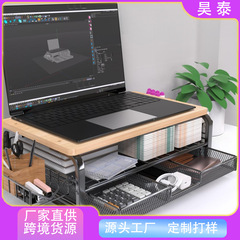 国境を越えたデスクトップパソコン用高さ調整スタンド 二層式ノートパソコンスタンド オフィスデスク用引き出し付き木製収納ラック
