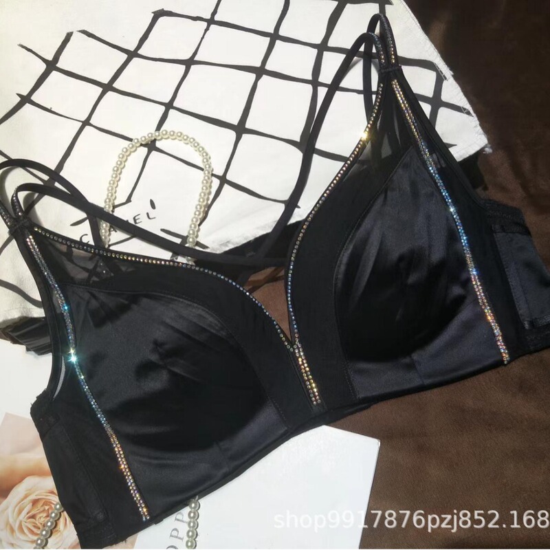 New Black Champagne Women's Brilliant Bra without Steel Ring Gathering Medium Thin Cup with Diamond Back Underwear