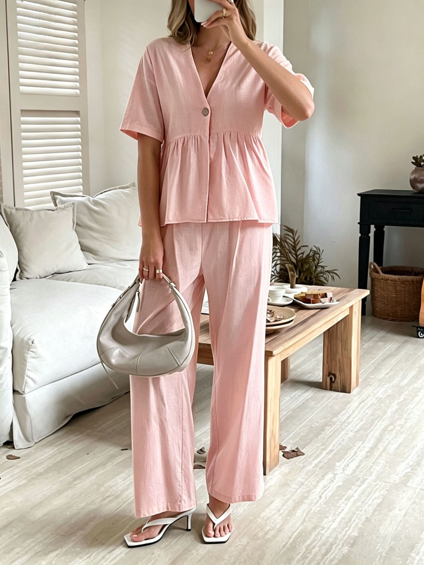 Women's Clothing Fashion Elegant Two Piece Set V Neck Loose Short Sleeved Top And Wide Leg Pants For Formal & Casual For Women_ecoleips.com