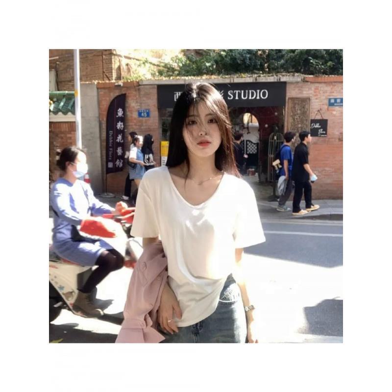 U-Neck T-Shirt Women's Short-Sleeved White Shoulder All-Match Summer 2024 Large Neck Loose Slim Look Fashionable Inner Wear U-Neck T-Shirt Women's Short-Sleeved White Shoulder All-Match Summer 2024 Large Neck Loose Slim Look Fashionable Inner Wear