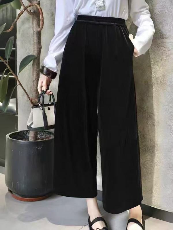 丝绒阔腿裤九分裤女2025新款高腰宽松显瘦小个子筒裤直筒休闲裤子|undefined