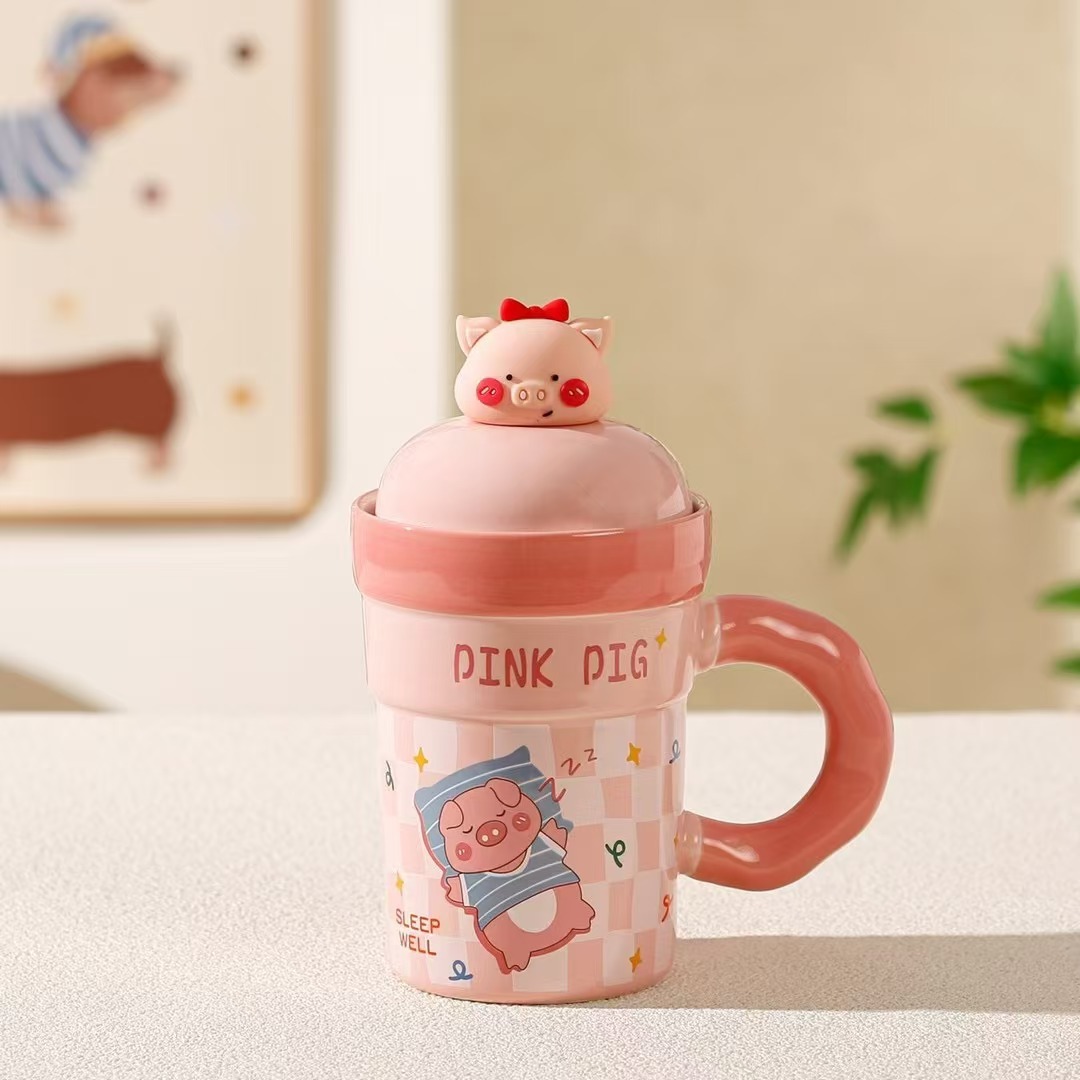 Taza de dibujos animados creativos Taza de cerámica con tapa Taza de agua de pareja para niñas Regalos de mano Taza de marca de alto valor Juego para el hogar