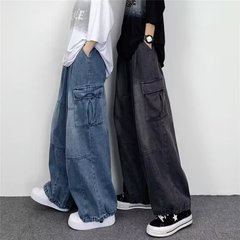 日系レトロ広足大ポケット工装ズボン男春夏新作ファッションブランドins中性ゆるいストレートジーンズ