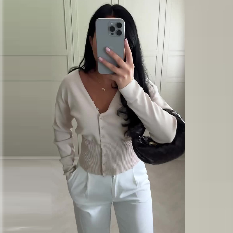 2024 otoño nuevo estilo europeo y americano amazon cross-border ropa de mujer color sólido cuello en v hebilla única cintura de punto cardigan superior