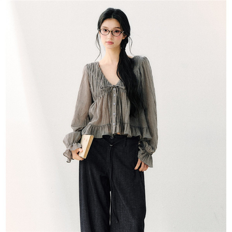 7Shifti Original Design Pure Desire Style Ruffled Long Sleeve Soft Loose Chiffon Shirt V-Neck Breathable Top for Women