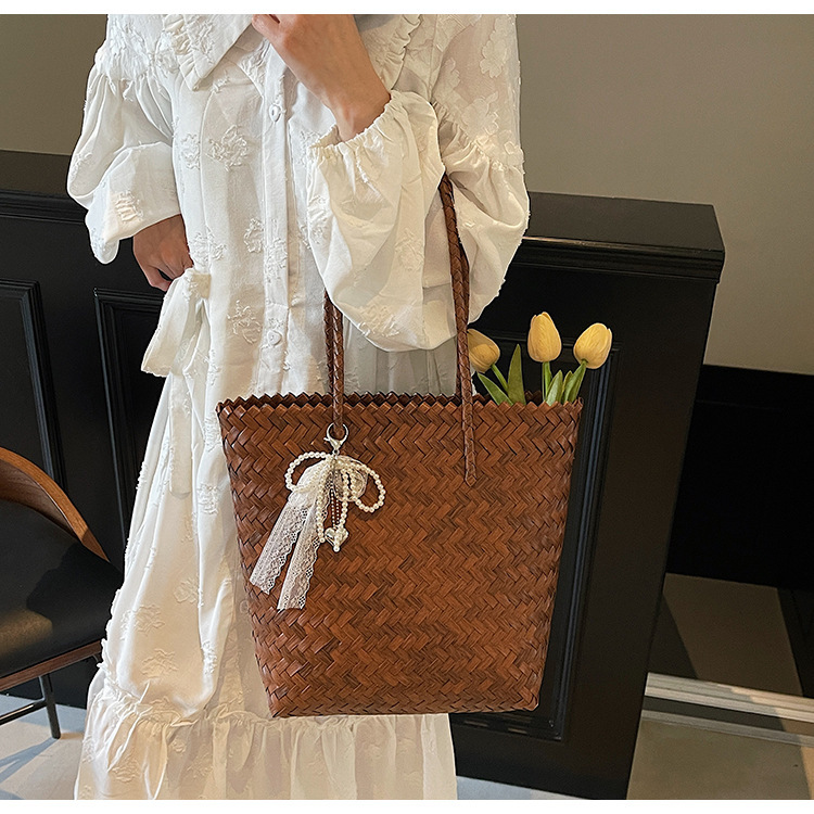Niche Woven Vegetable Basket Pearl Lace Bow Seaside Vacation Tote Bag Woven Bag Large Capacity Handbag