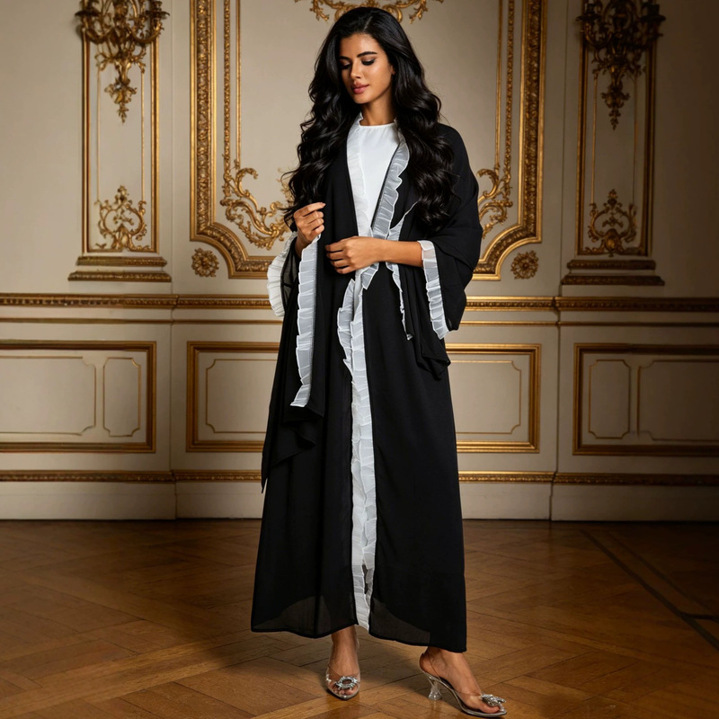 Nida Modest High-End Fashion Ruffle-Trimmed Dress Cardigan Jacket + Headscarf Two-Piece Set Manufacturer