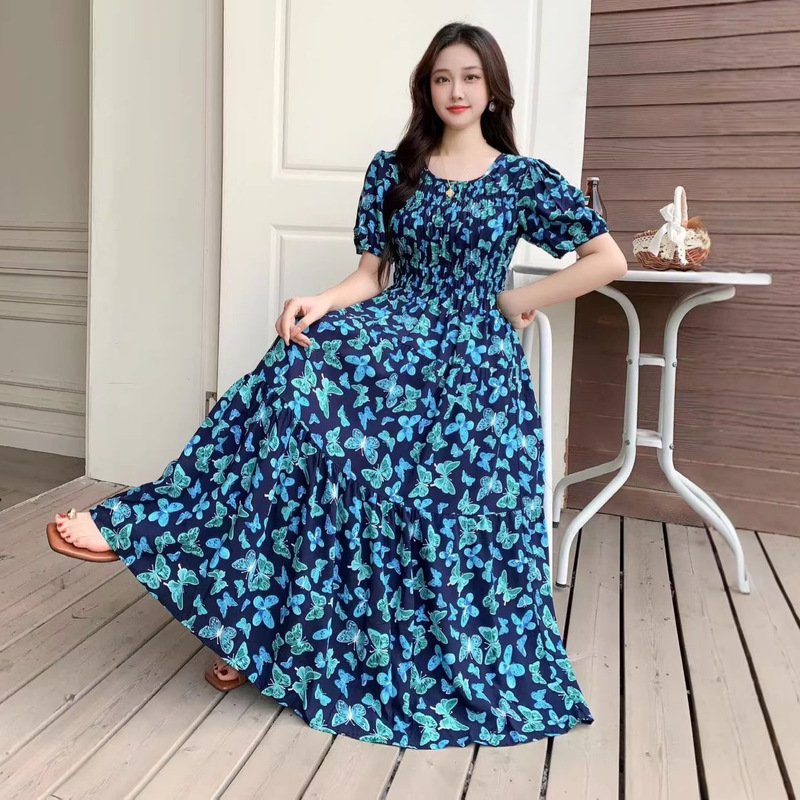 Summer New Cotton Silk Dress Seaside Vacation Travel Style Floral Beach Dress Short-Sleeved Rayon Bohemian Dress