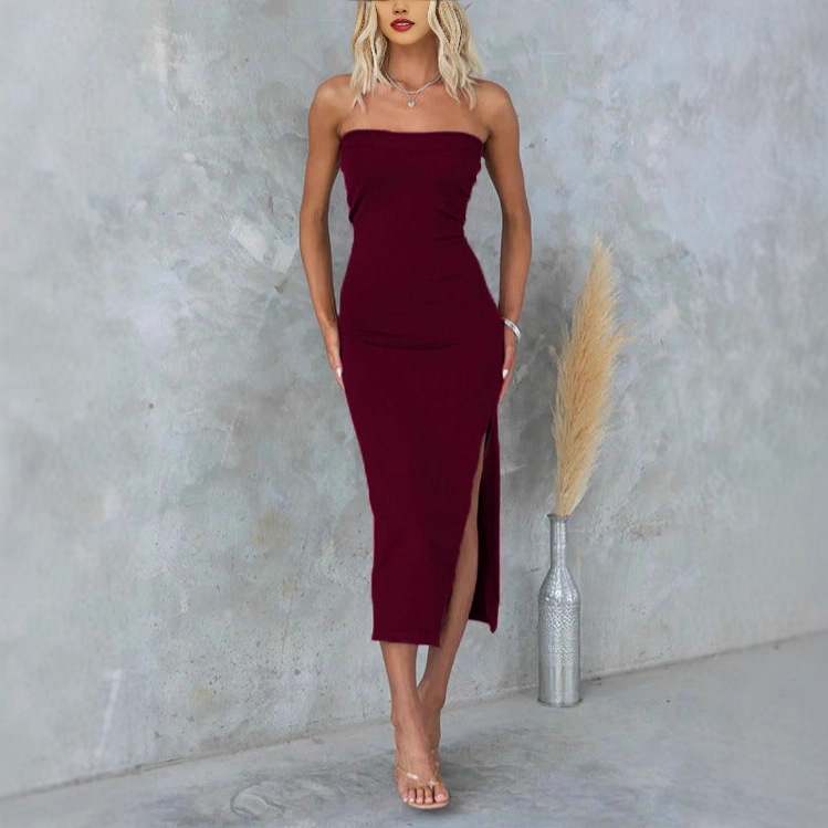 2025 New Women's Party Gathering Dress, Strapless Tube Slit Ribbed Knit Midi Dress 2025 New Women's Party Gathering Dress, Strapless Tube Slit Ribbed Knit Midi Dress