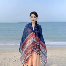 棉麻披肩女日韩文艺小清新围巾复古印花长丝巾旅游外搭防晒披风