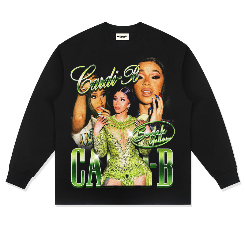Tarjeta hermana Cardi B Europa y América hip-hop rap americano street hip-hop marca de moda estampado retro desgastado lavado manga corta