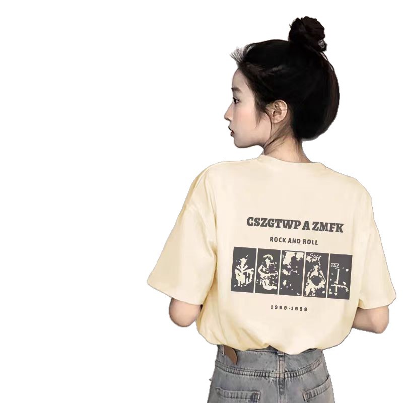 ピュアコットンブラックラウンドネック半袖レディースTシャツ2025新しいホットスタイル夏ルーズアメリカンプリントトップTシャツトレンディ