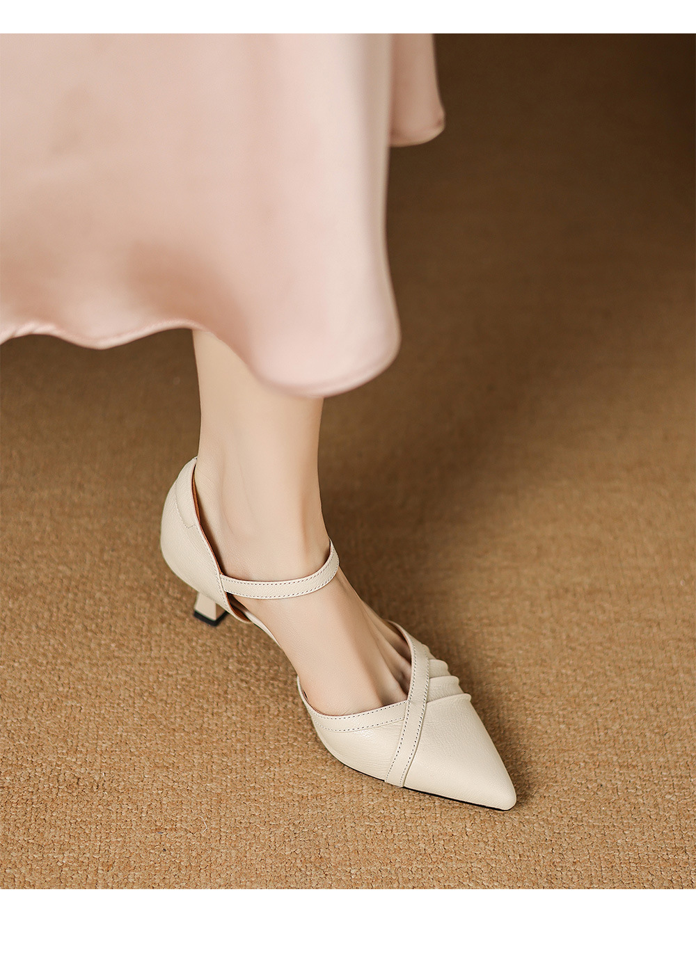 Giày sandal cao gót nữ quai ngang mũi nhọn da cừu gót 5,5 cm — đen chi tiết 8
