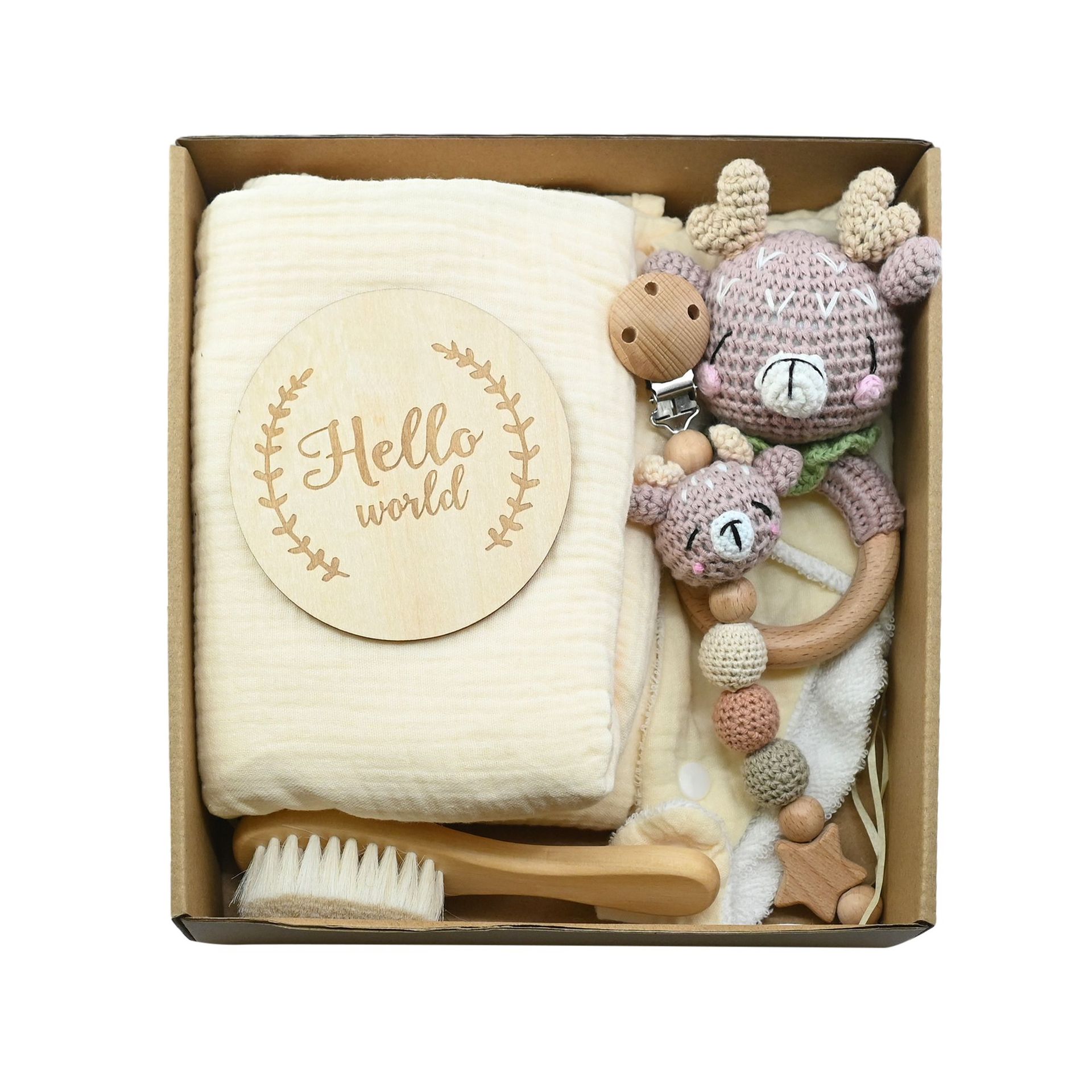 Nuevo bebé animal crochet campana de madera caja de regalo de nacimiento juego cadena de chupete bebé nacimiento luna llena regalo