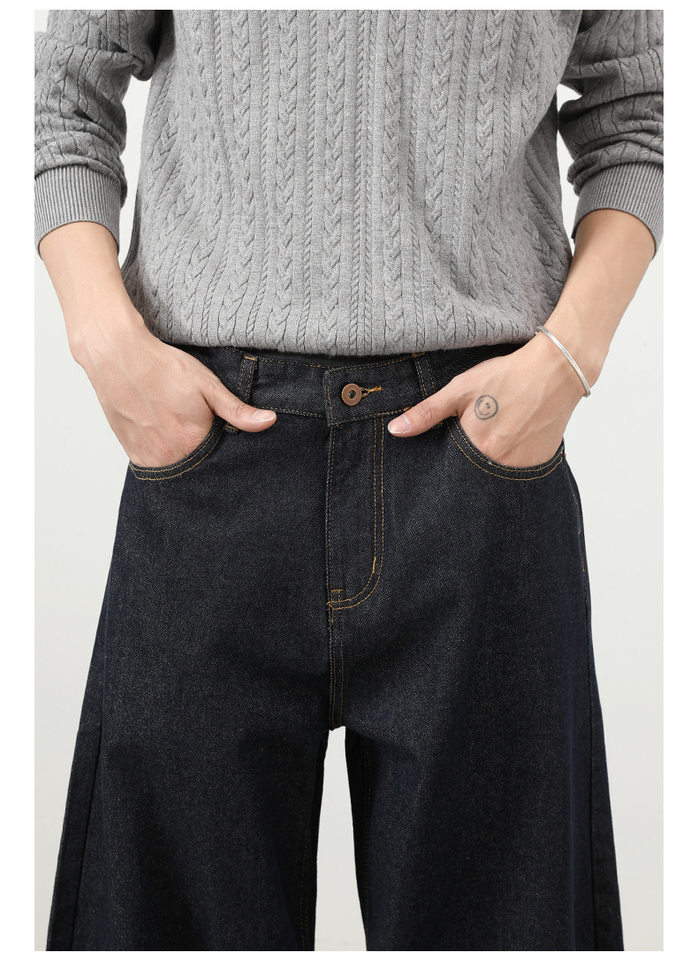 Quần jeans nam ống rộng dáng suông phong cách Mỹ, jean bò nguyên bản, lưng giữa, túi khóa kéo — Denim đen, Trắng, lâu, màu xanh chi tiết 21
