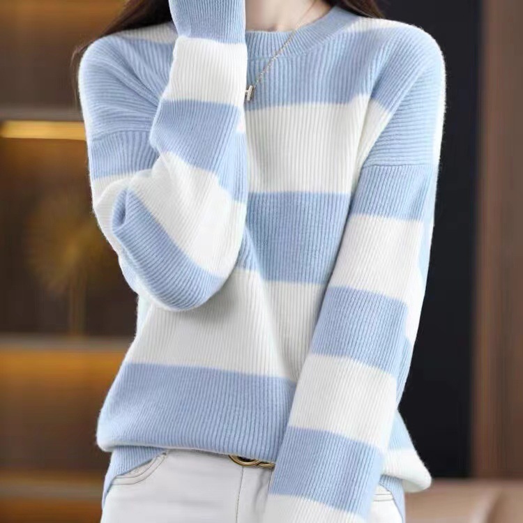 条纹宽松针织打底衫女 新款圆领内搭保暖毛衣秋冬款拼色长袖上衣
