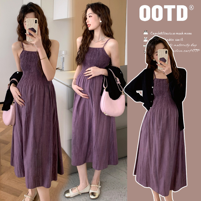 Maternity Suit Spring New Simple Fashion Flesh Covering Slim Purple Sling Dress Cardigan Two-piece Set Summer Maternity Suit Spring New Simple Fashion Flesh Covering Slim Purple Sling Dress Cardigan Two-piece Set Summer