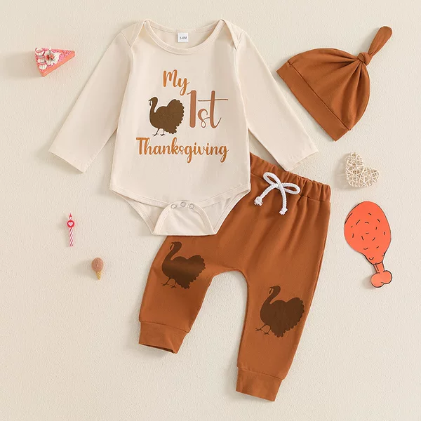 Boys' Baby Climbing Wear Autumn Thanksgiving Children's Clothes Turkey Printed Long Sleeve Hats Trousers Hat Three-Piece Set