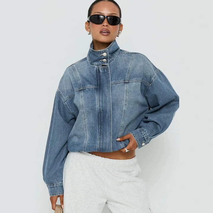 2026 European and American Cross-Border American Retro Stand-Collar Jacket Loose Washed Denim Women's Long-Sleeve Coat 6256 2026 European and American Cross-Border American Retro Stand-Collar Jacket Loose Washed Denim Women's Long-Sleeve Coat 6256