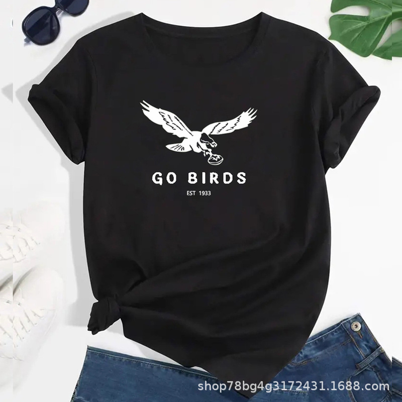 ヨーロッパとアメリカの女性の Tシャツ新しいルーズクロスボーダーファッション快適なレディースラウンドネック GO BIRDS プリント Tシャツ|undefined