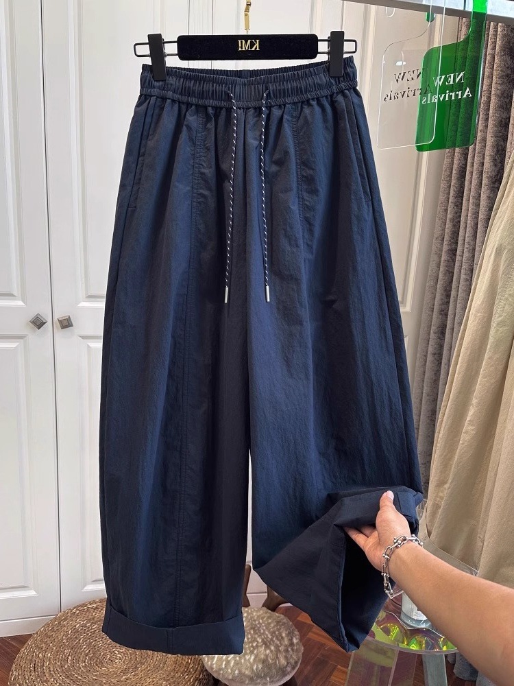 Quần ống rộng xếp ly nữ cạp chun dây rút mùa hè — Màu xanh navy