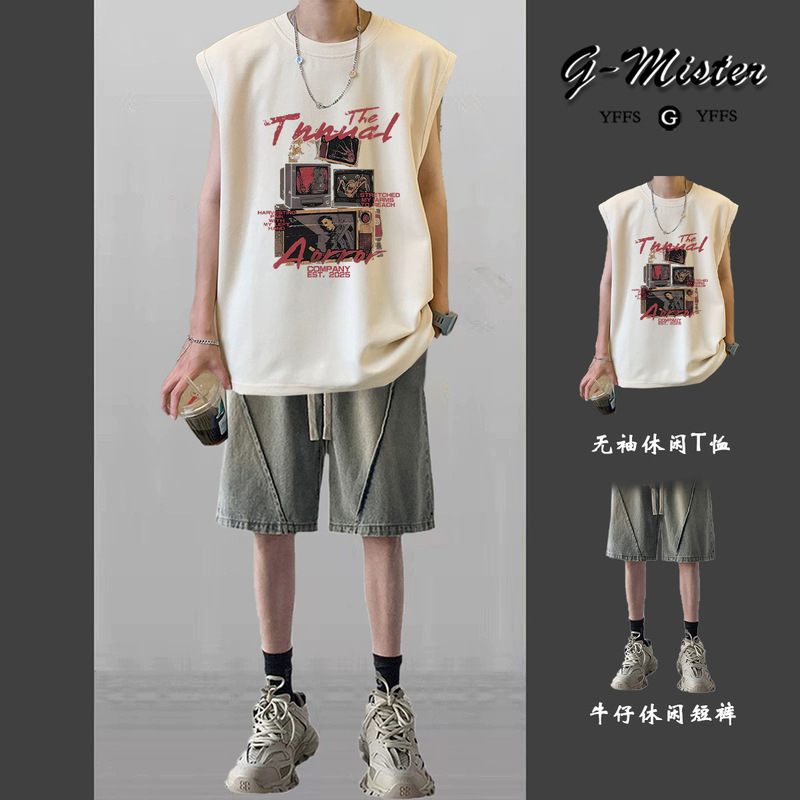 Men's Summer Vest Set, Trendy Sleeveless T-Shirt, Thin Men's Clothing Set Paired with Denim Shorts, Two-Piece Set Men's Summer Vest Set, Trendy Sleeveless T-Shirt, Thin Men's Clothing Set Paired with Denim Shorts, Two-Piece Set