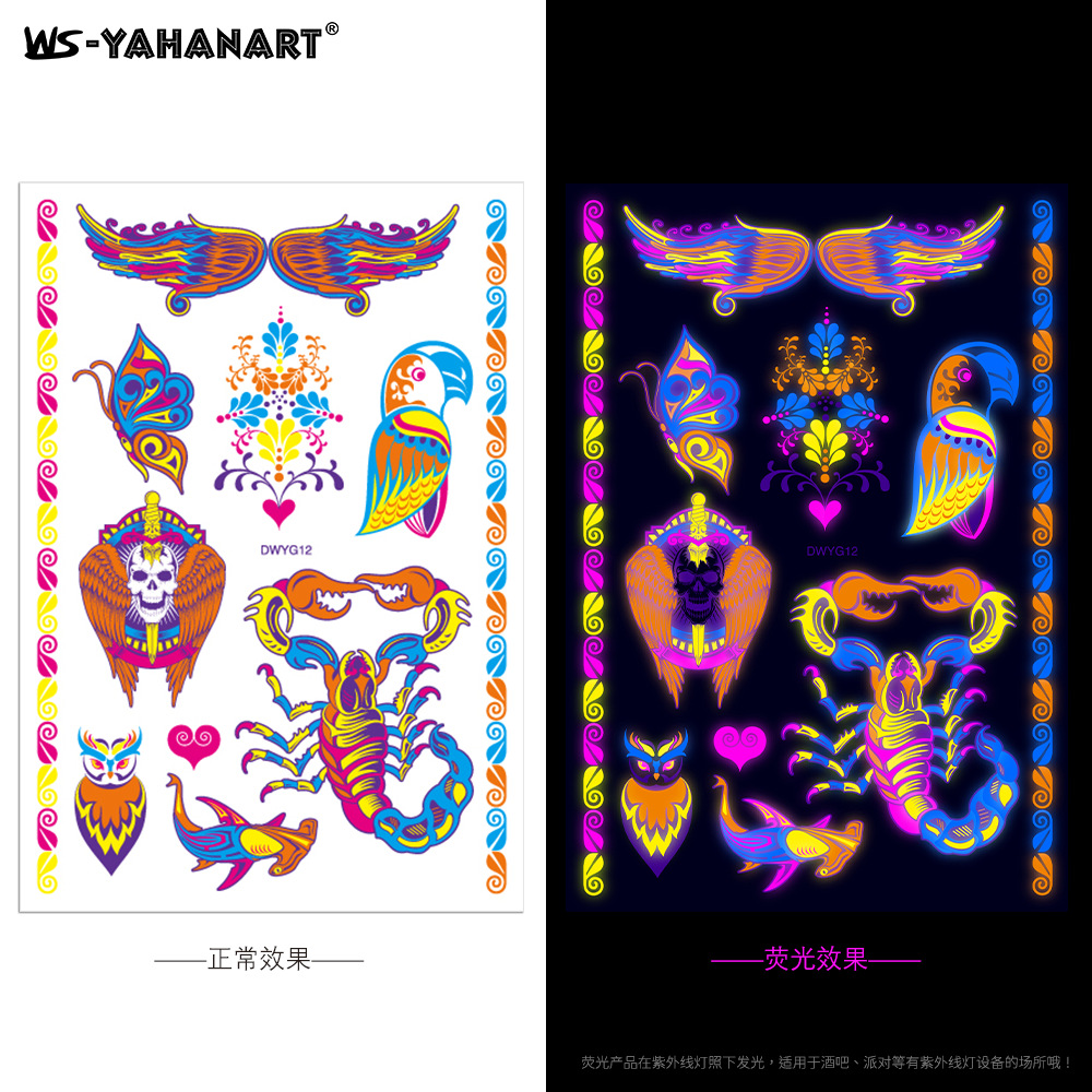 Búho animal de Halloween fluorescente flor brazo tatuaje pegatinas soporte creativo cuerpo color fluorescente brazo transferencia de agua pegatinas