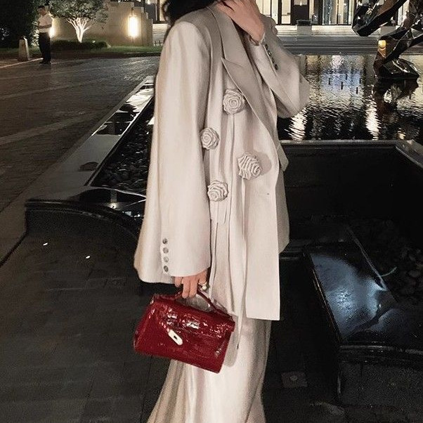 感缎面西装外套女2025春秋休闲宽松西服v领镂空吊带裙两件套爆款|undefined