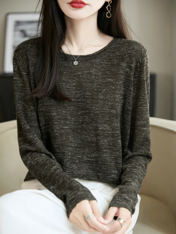 彩麻系列亚麻混纺点纱针织圆领简约套头长袖针织衫早秋薄毛衣女|undefined
