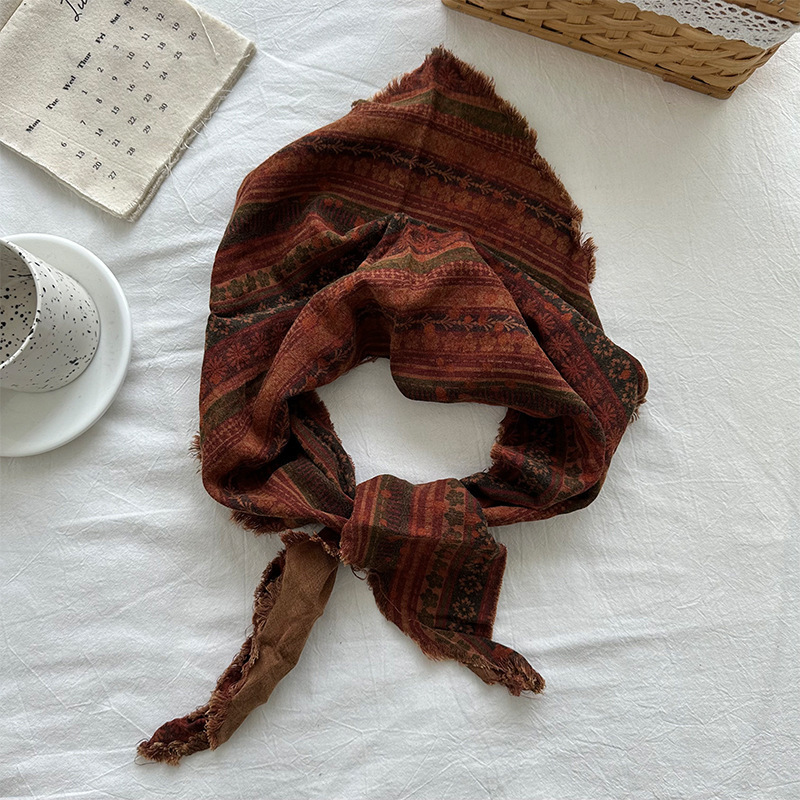 Wasteland Style Retro Flower Literary Double-Sided Pure Cotton Triangle Scarf for Women in Autumn and Winter Versatile Neck Protector Decorative Scarf