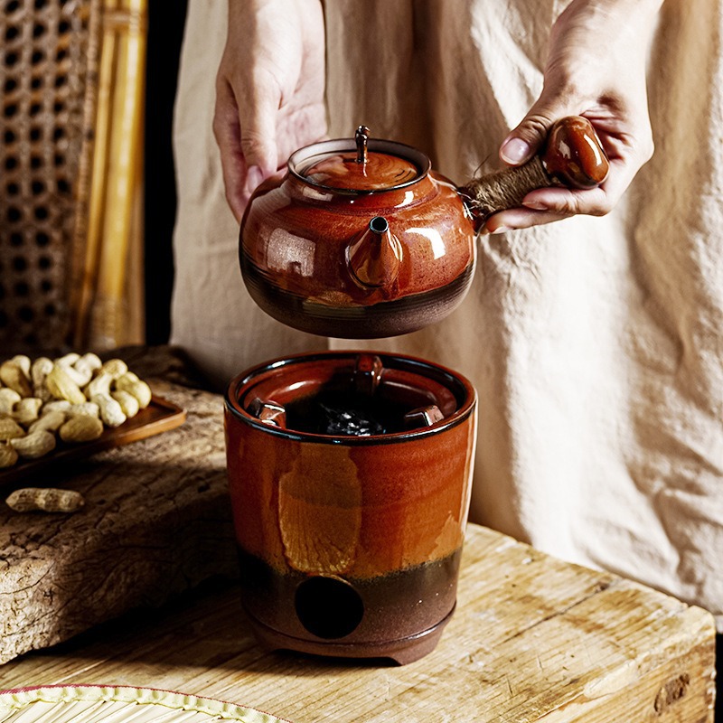现货供应红泥炭炉煮茶壶窑变碳炉提梁壶户外工夫砂铫壶茶炉跳盖壶