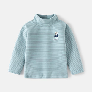 Children's High Collar Base Shirt 2024 New Korean Style Boys' Fleece Long Sleeve Warm Top Baby Striped T-Shirt
