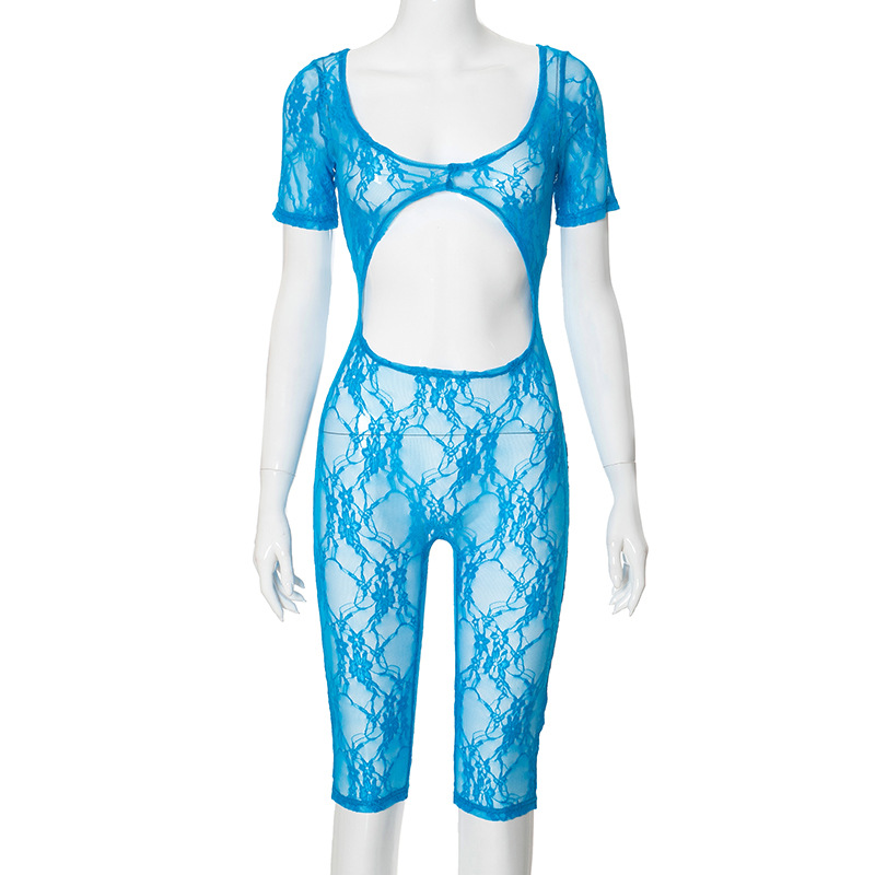 Women Clothing Spring Sexy Lace Stitching U Collar Short Sleeve Cropped Hollow Out Cutout Siamese Shorts