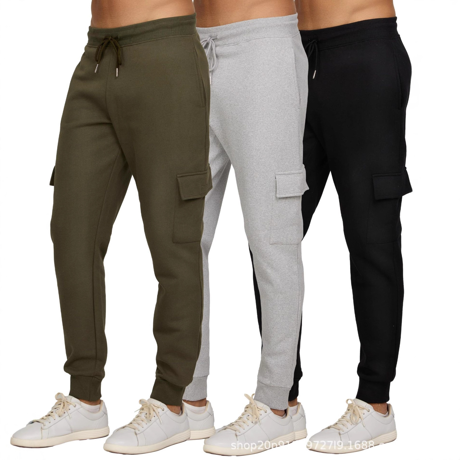 Multi-Pocket Men's Casual Fitness Pants with Fleece-Lined Jogger Cuffs, Sports Cargo Pants, Running Pants