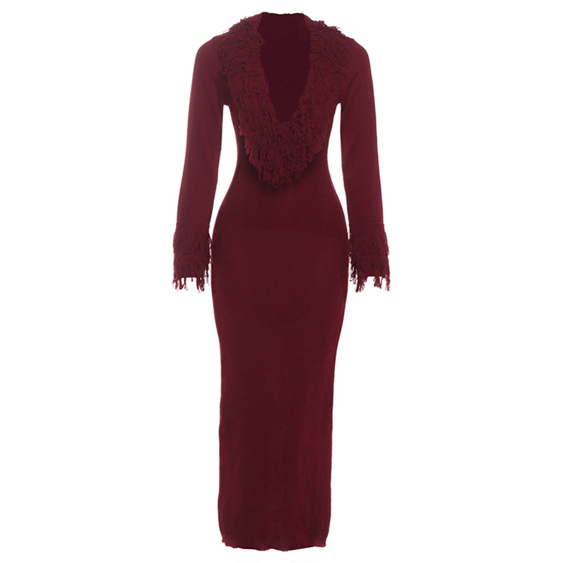 Women's Knit V-Neck Long-Sleeve Solid Color Bodycon Dress