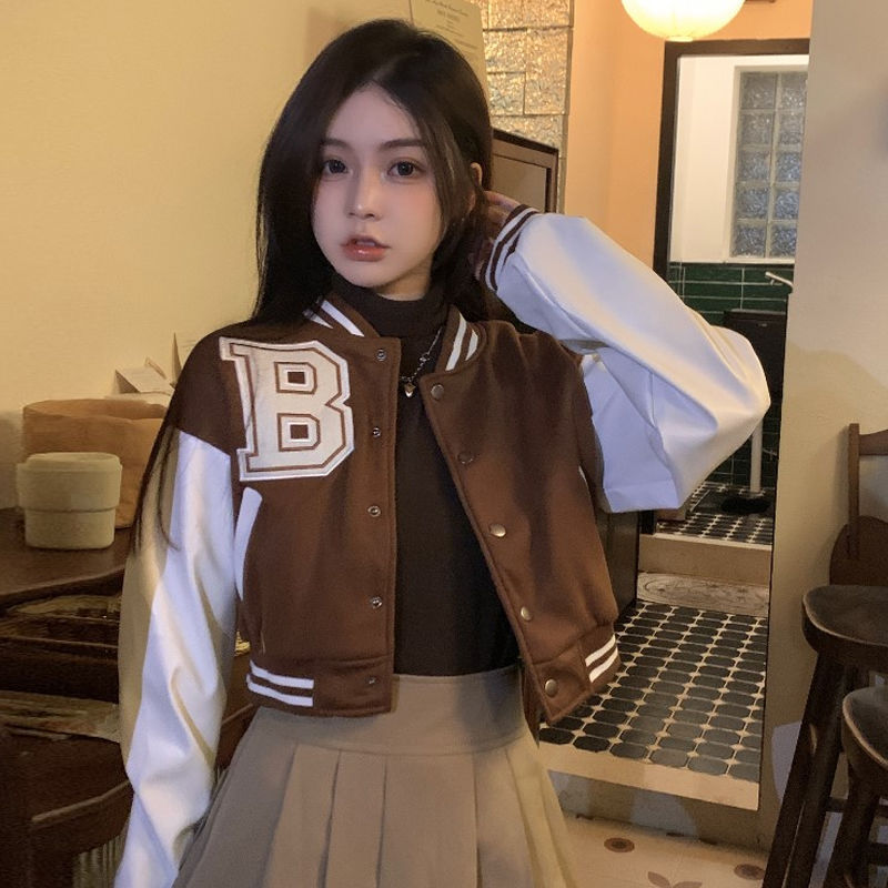 Coffee-colored baseball uniform jacket w...