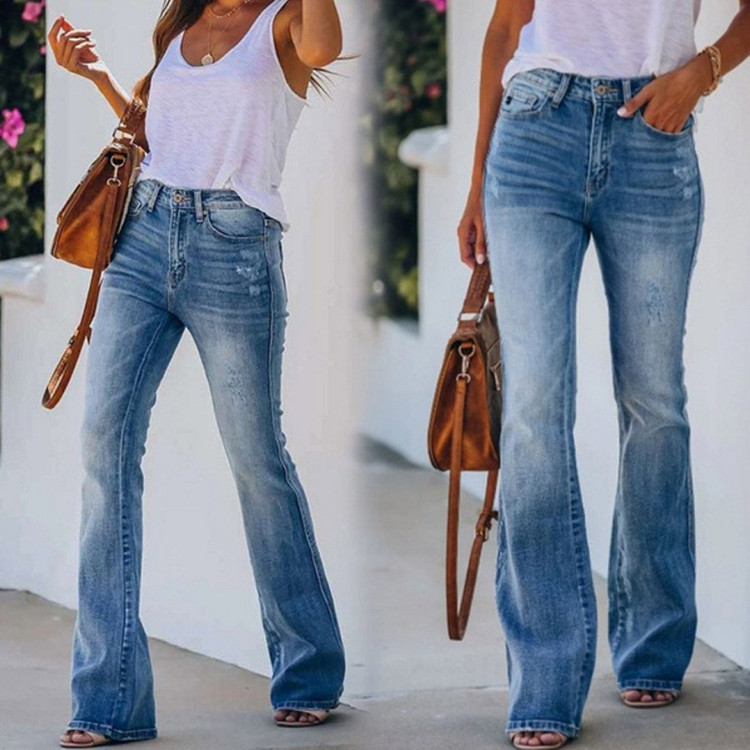 Calças femininas 2024 Jeans cintura alta elástica micro flare_voghion.com