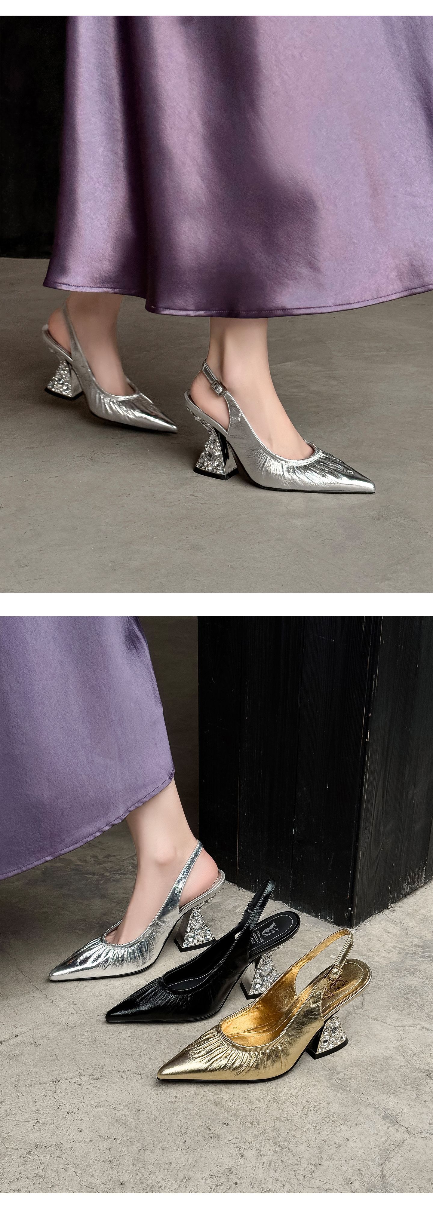 Sandal cao gót nữ mũi nhọn hở mũi quai sau xếp ly đính đá — màu đen, màu vàng, bạc chi tiết 11