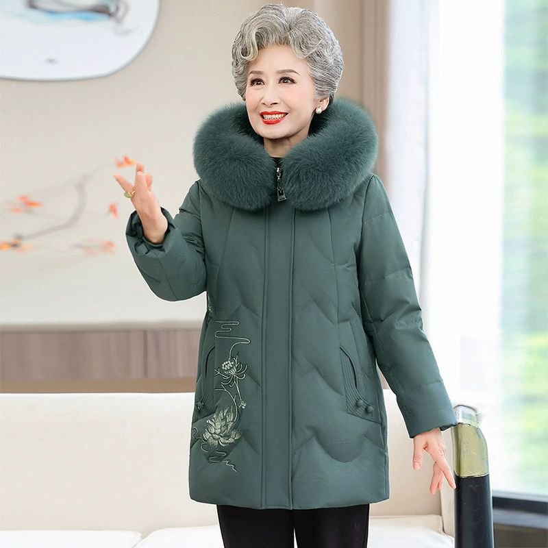 Люди среднего и пожилого возраста пуховик бабушки зимний пиджак мама 2024 новые хлопчатобумажное пальто толстый большой шерстяной воротник одежда