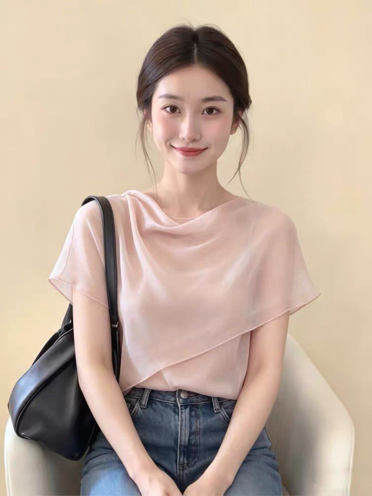 Áo sơ mi nữ tay ngắn cổ lắc choàng kiểu Pháp thiết kế sang trọng — màu hồng