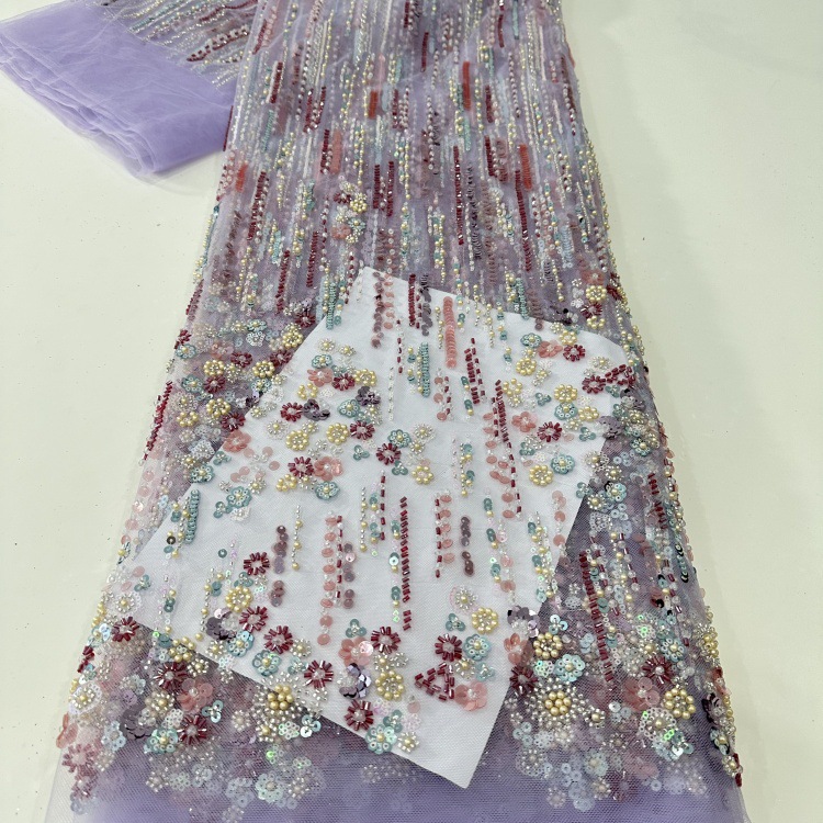 Diamante tridimensional perlas de perlas sequinilla tela de malla de moda europea y americana vestido de novia tela de moda