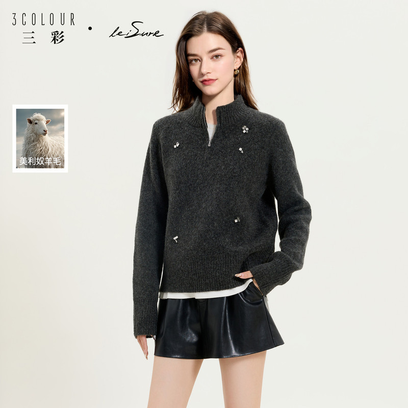 Sancai Lixue leisure 2026 autumn/winter new collection: zip-up, stand-up collar, long-sleeved knit sweater, retro style