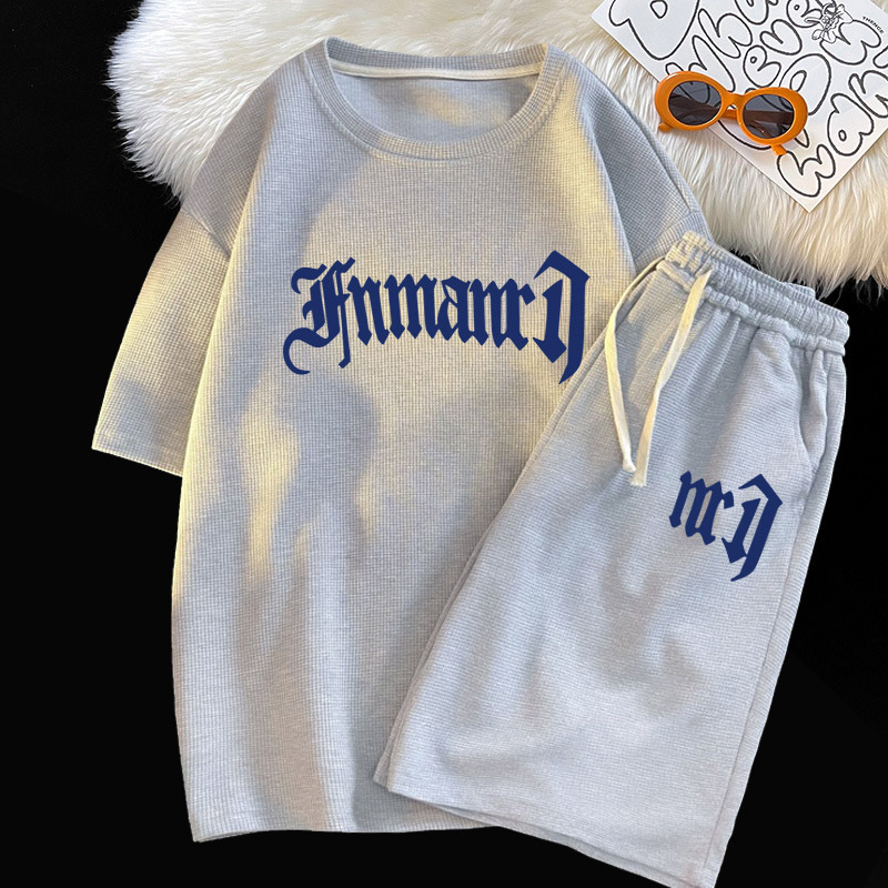 Waffle casual traje de los hombres de verano de seda de hielo de manga corta Camiseta de los hombres con ropa deportiva de marca de moda guapo