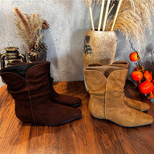 复古尖头堆堆靴女2025秋冬新款显瘦西部牛仔马丁靴英伦风短靴绒皮
