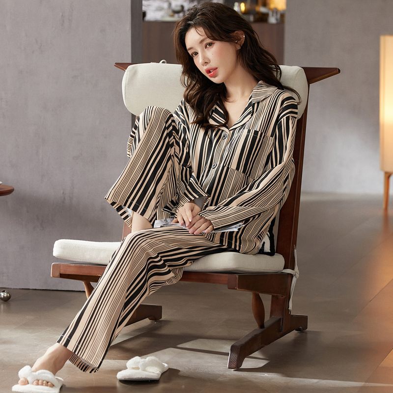 Al por mayor transfronterizo primavera y otoño nuevo pijama de algodón mujer casual cardigan con solapa de dos piezas con cojín de pecho general